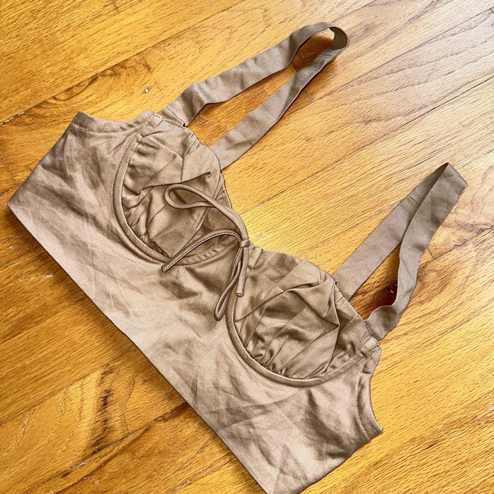 White Fox Bustier Corset Crop Top XS Tan Brown Underwire‎ Ruched Tie Front Sexy
